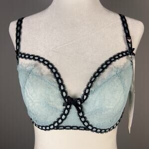 Victoria’s Secret Dream Angels Unlined Uplift Bra Blue Lace w/ Black Ribbon 32DD